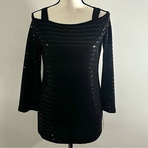 Clara Sun Woo Black Top XS Sequin Cold Shoulder Stretch Knit Pullover